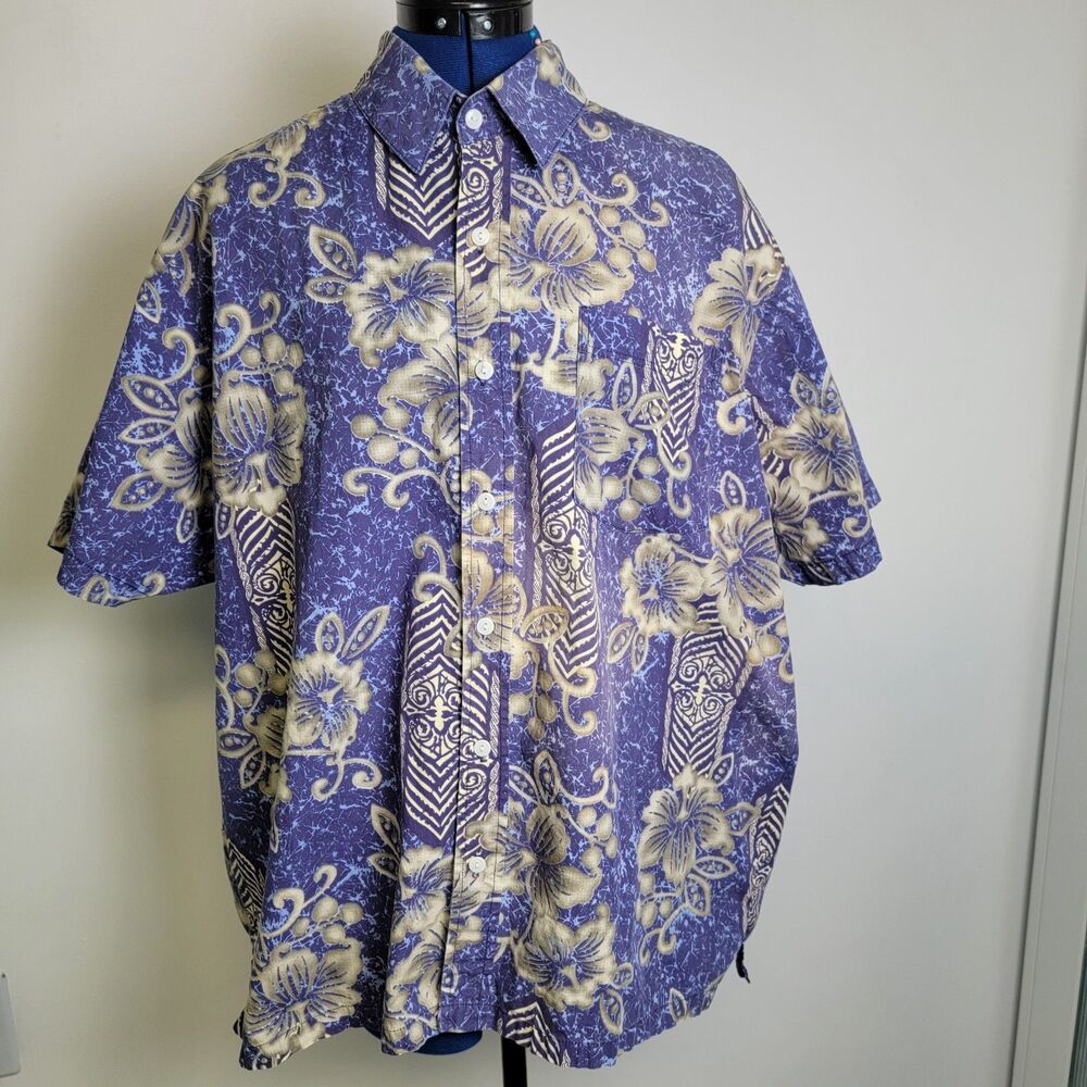 Taaroa Mens Short Sleeve Button-up Purple Tropical Casual 100% Cotton Shirt